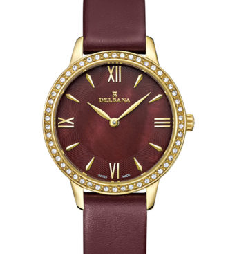 Delbana Antibes Ladies dress watch in yellow gold with burgundy dial