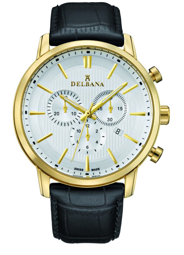 Delbana Ascot. Classic men's Chronograph with date. Stainless steel, yellow gold IPG case. Silver Geneva striped dial. Black genuine leather strap. Water resistant to 5 ATM / 50 meters / 165 feet.