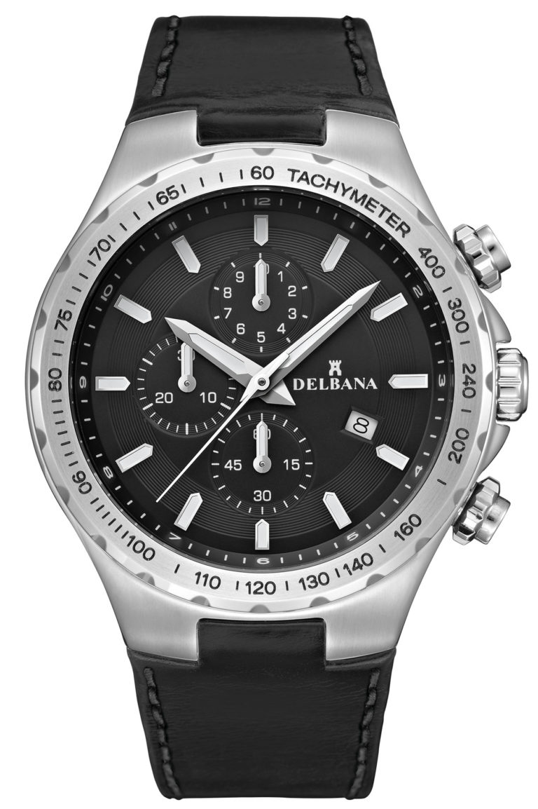 Delbana Barcelona. Men's sports Chronograph with Tachymeter and date. Stainless steel case. Black dial. Black integrated genuine leather strap. Water resistant to 10 ATM / 100 meters / 330 feet.