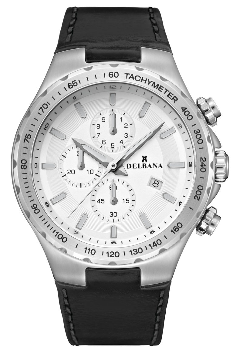 Delbana Barcelona. Men's sports Chronograph with Tachymeter and date. Stainless steel case. Silver dial. Black integrated genuine leather strap. Water resistant to 10 ATM / 100 meters / 330 feet.