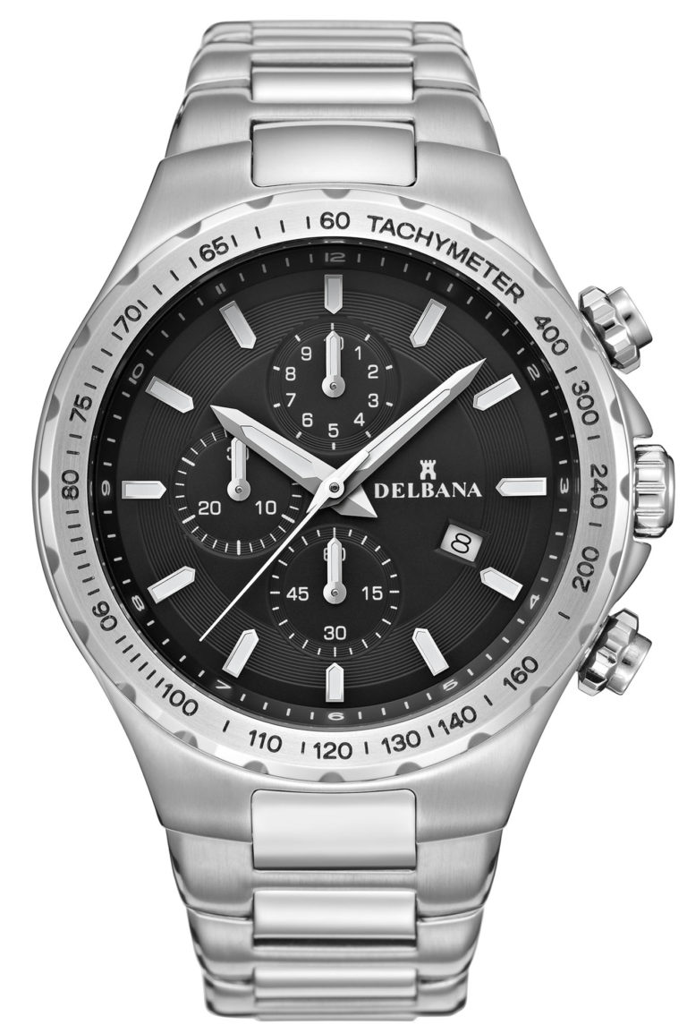Delbana Barcelona. Men's sports Chronograph with Tachymeter and date. Stainless steel case. Black dial. Integrated solid stainless steel bracelet. Water resistant to 10 ATM / 100 meters / 330 feet.