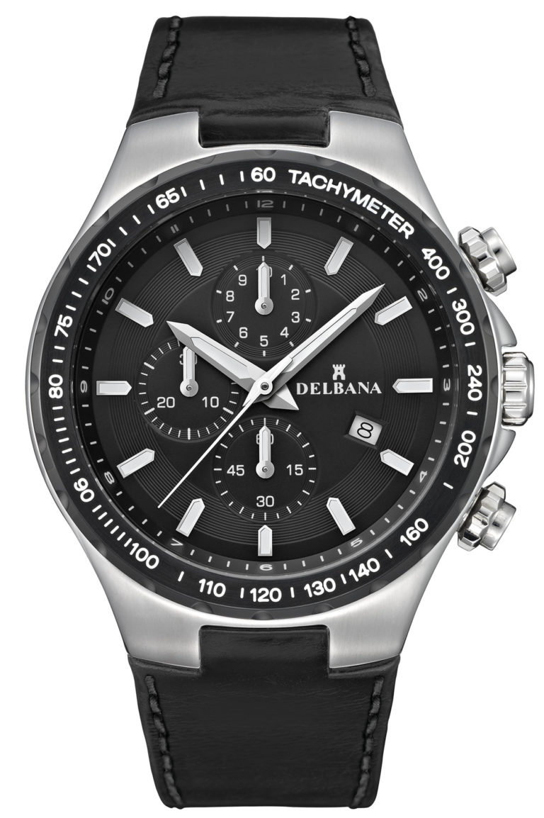 Delbana Barcelona. Men's sports Chronograph with Tachymeter and date. Stainless steel and black IPB case. Black dial. Black integrated genuine leather strap. Water resistant to 10 ATM / 100 meters / 330 feet.