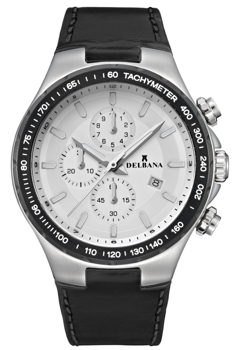 Delbana Barcelona. Men's sports Chronograph with Tachymeter and date. Stainless steel and black IPB case. Silver dial. Black integrated genuine leather strap. Water resistant to 10 ATM / 100 meters / 330 feet.