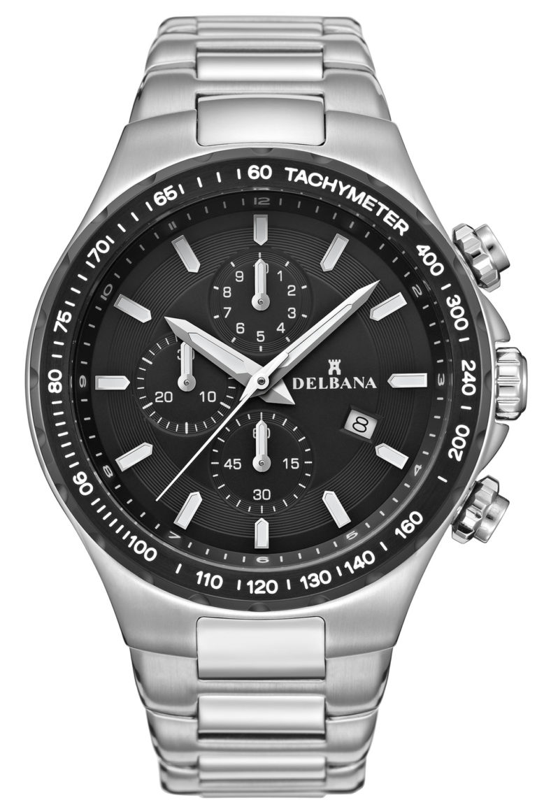 Delbana Barcelona. Men's sports Chronograph with Tachymeter and date. Stainless steel and black IPB case. Black dial. Integrated solid stainless steel bracelet. Water resistant to 10 ATM / 100 meters / 330 feet.