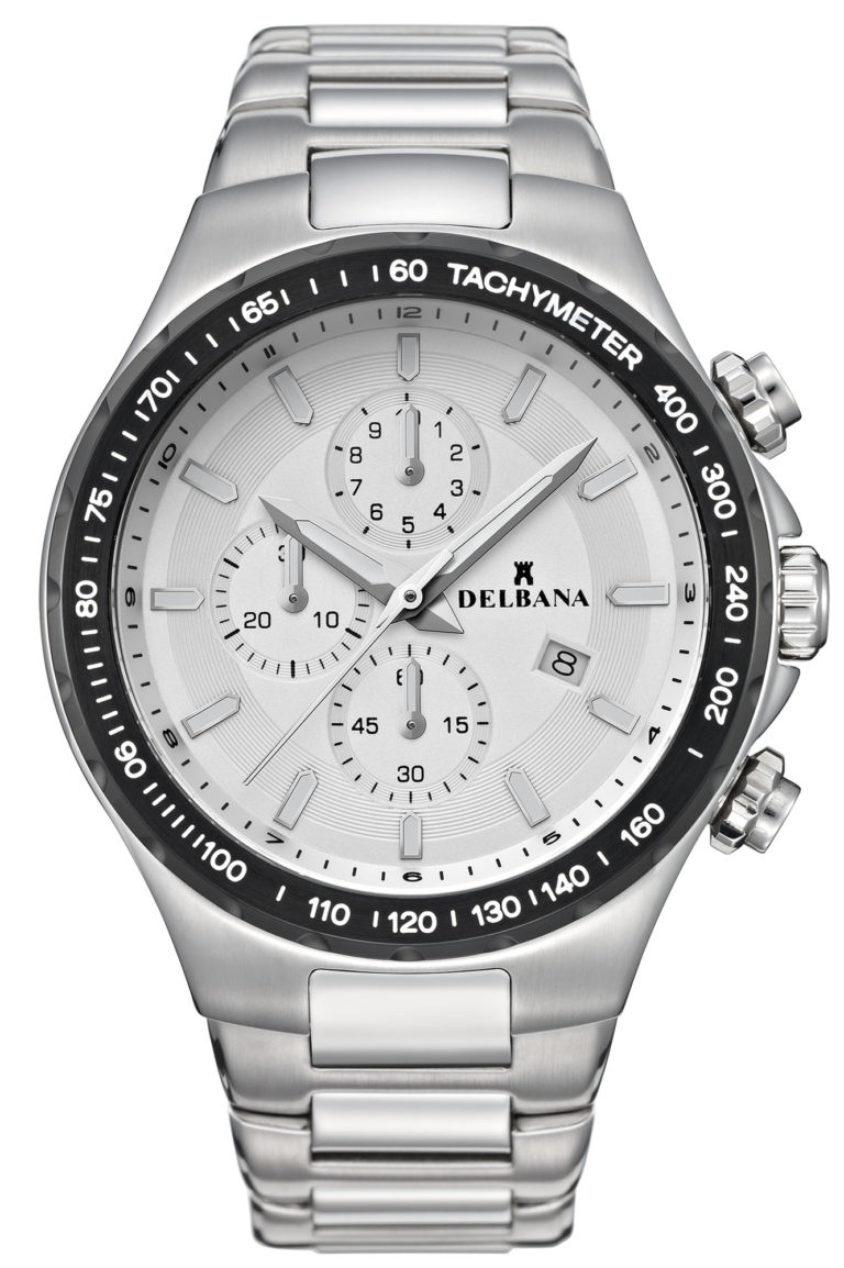 Delbana Barcelona. Men's sports Chronograph with Tachymeter and date. Stainless steel and black IPB case. Silver dial. Integrated solid stainless steel bracelet. Water resistant to 10 ATM / 100 meters / 330 feet.