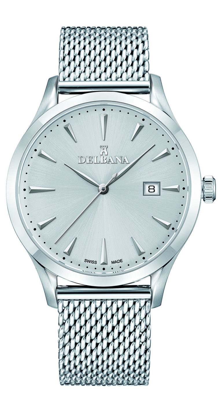 Delbana Como. Classic men's dress watch with date. Stainless steel case. Silver sunray brushed dial. Stainless steel Milanese bracelet. Water resistant to 5 ATM / 50 meters / 165 feet.