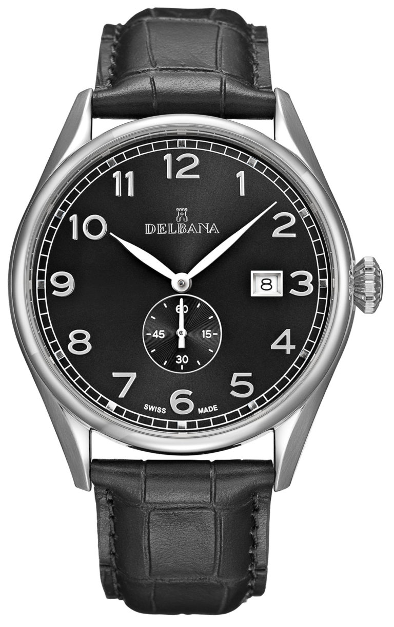 Delbana Fiorentino. Classic men's dress watch with small seconds hand and date. Stainless steel case. Black sunray brushed dial. Matte black genuine leather strap. Water resistant to 5 ATM / 50 meters / 165 feet.
