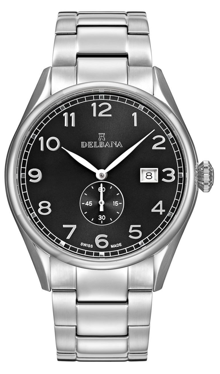 Delbana Fiorentino. Classic men's dress watch with small seconds hand and date. Stainless steel case. Black sunray brushed dial. Solid stainless steel bracelet. Water resistant to 5 ATM / 50 meters / 165 feet.