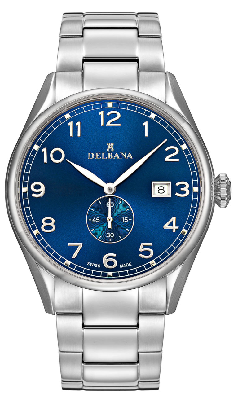 Delbana Fiorentino. Classic men's dress watch with small seconds hand and date. Stainless steel case. Blue sunray brushed dial. Solid stainless steel bracelet. Water resistant to 5 ATM / 50 meters / 165 feet.