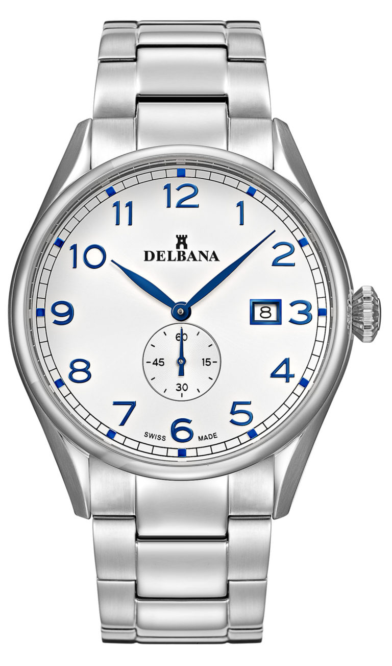 Delbana Fiorentino. Classic men's dress watch with small seconds hand and date. Stainless steel case. Silver sunray brushed dial. Solid stainless steel bracelet. Water resistant to 5 ATM / 50 meters / 165 feet.