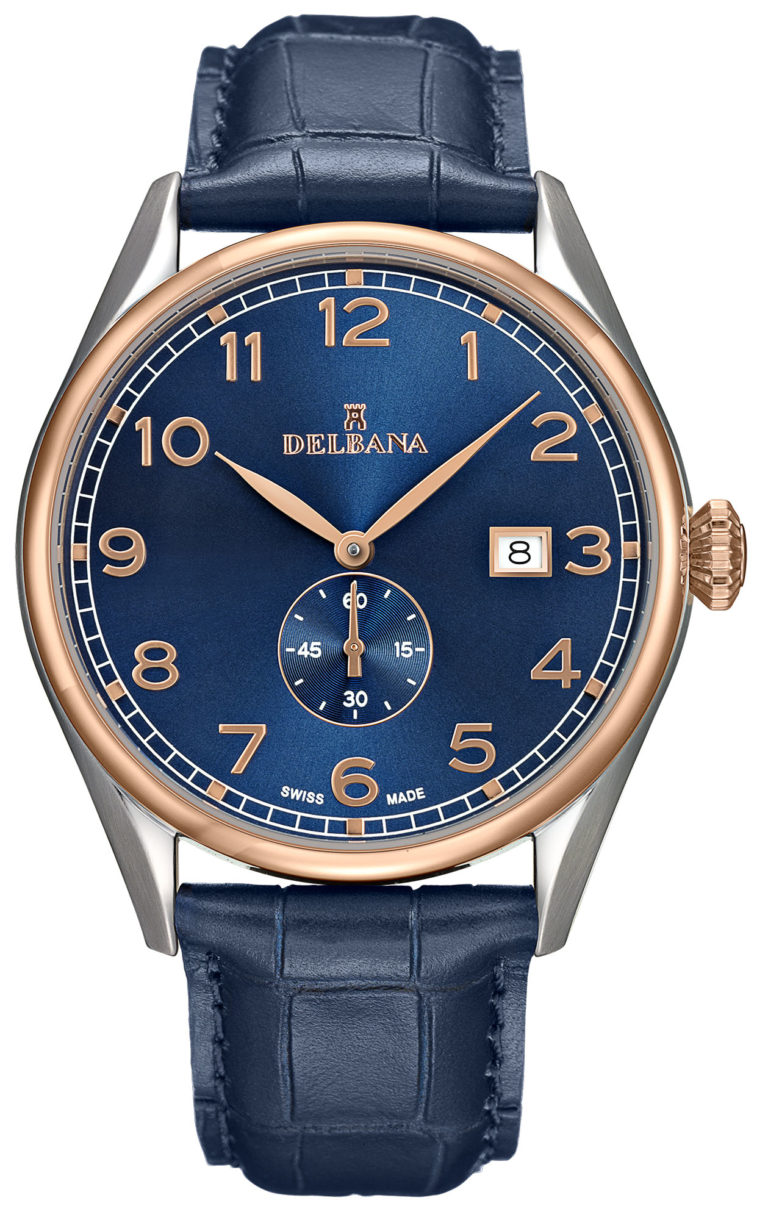 Delbana Fiorentino. Classic men's dress watch with small seconds hand and date. Two tone stainless steel and rose gold IPG case. Blue sunray brushed dial. Matte navy blue genuine leather strap. Water resistant to 5 ATM / 50 meters / 165 feet.