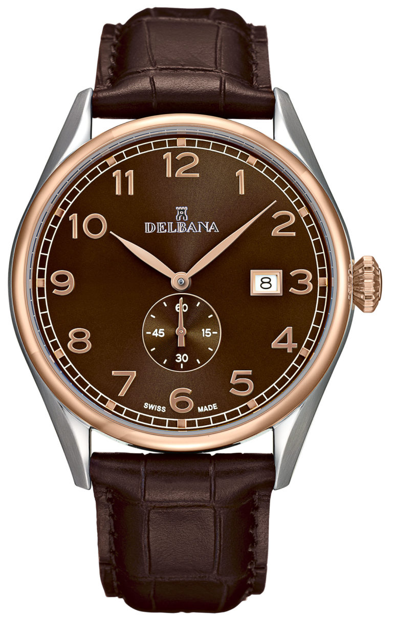 Delbana Fiorentino. Classic men's dress watch with small seconds hand and date. Two tone stainless steel and rose gold IPG case. Brown sunray brushed dial. Matte chestnut brown genuine leather strap. Water resistant to 5 ATM / 50 meters / 165 feet.