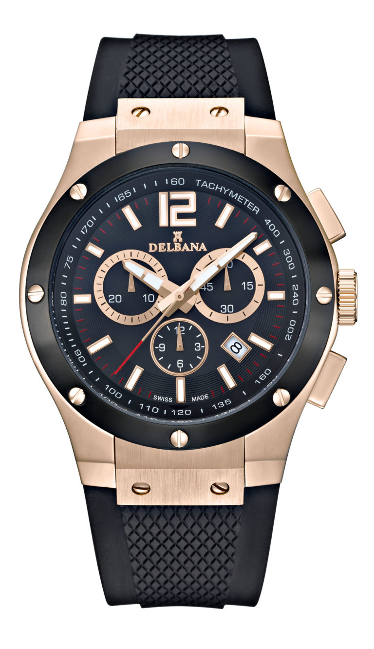 Delbana Manhattan. Men's sports Chronograph with Tachymeter and date. Two tone Stainless steel, black IPB and rose gold IPG case. Black dial. Black silicone strap. Water resistant to 10 ATM / 100 meters / 330 feet.