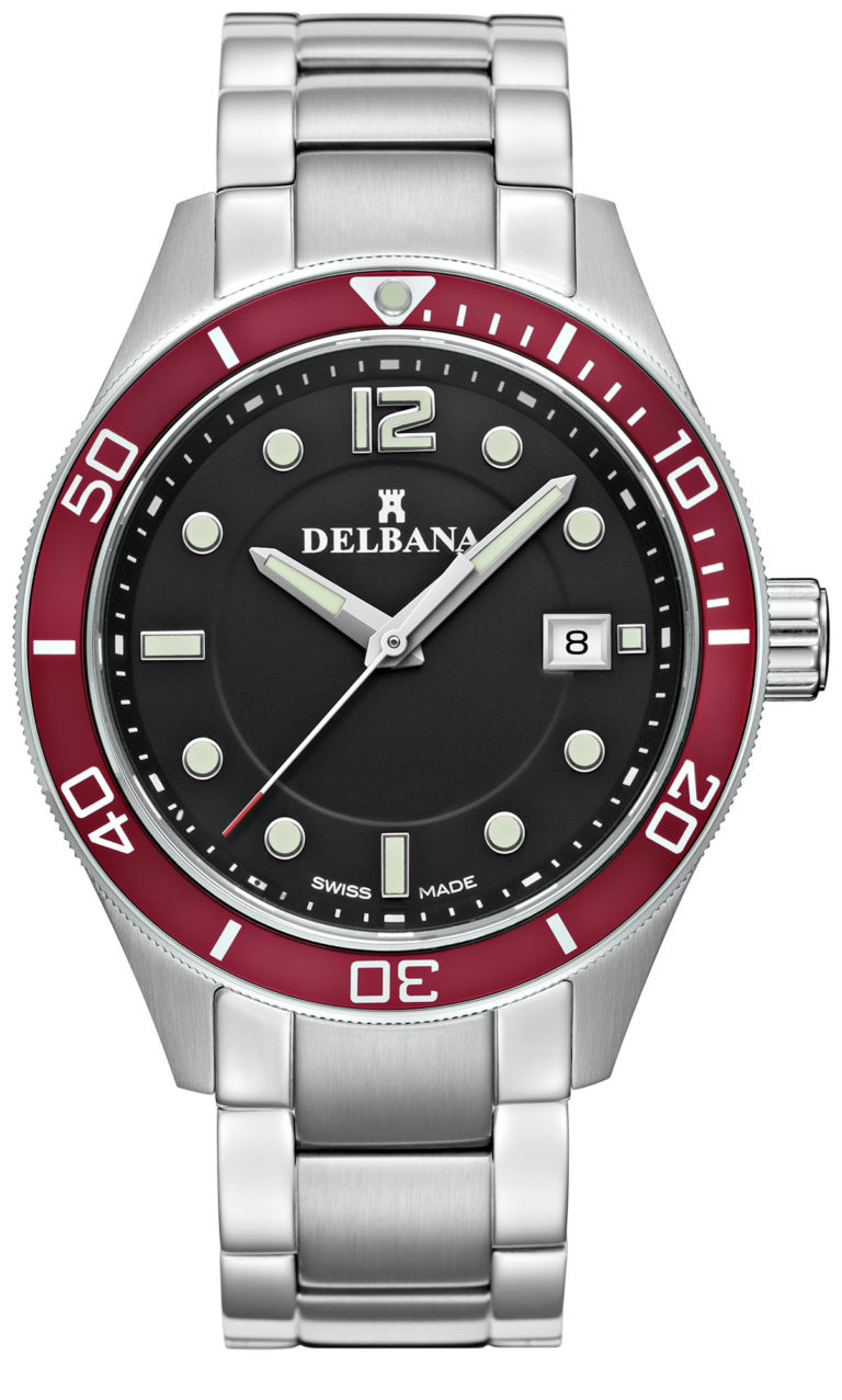 Delbana Mariner. Men's sports watch with date. Stainless steel case, unidirectional red aluminum diver bezel. Black dial. Solid stainless steel bracelet. Water resistant to 10 ATM / 100 meters / 330 feet.