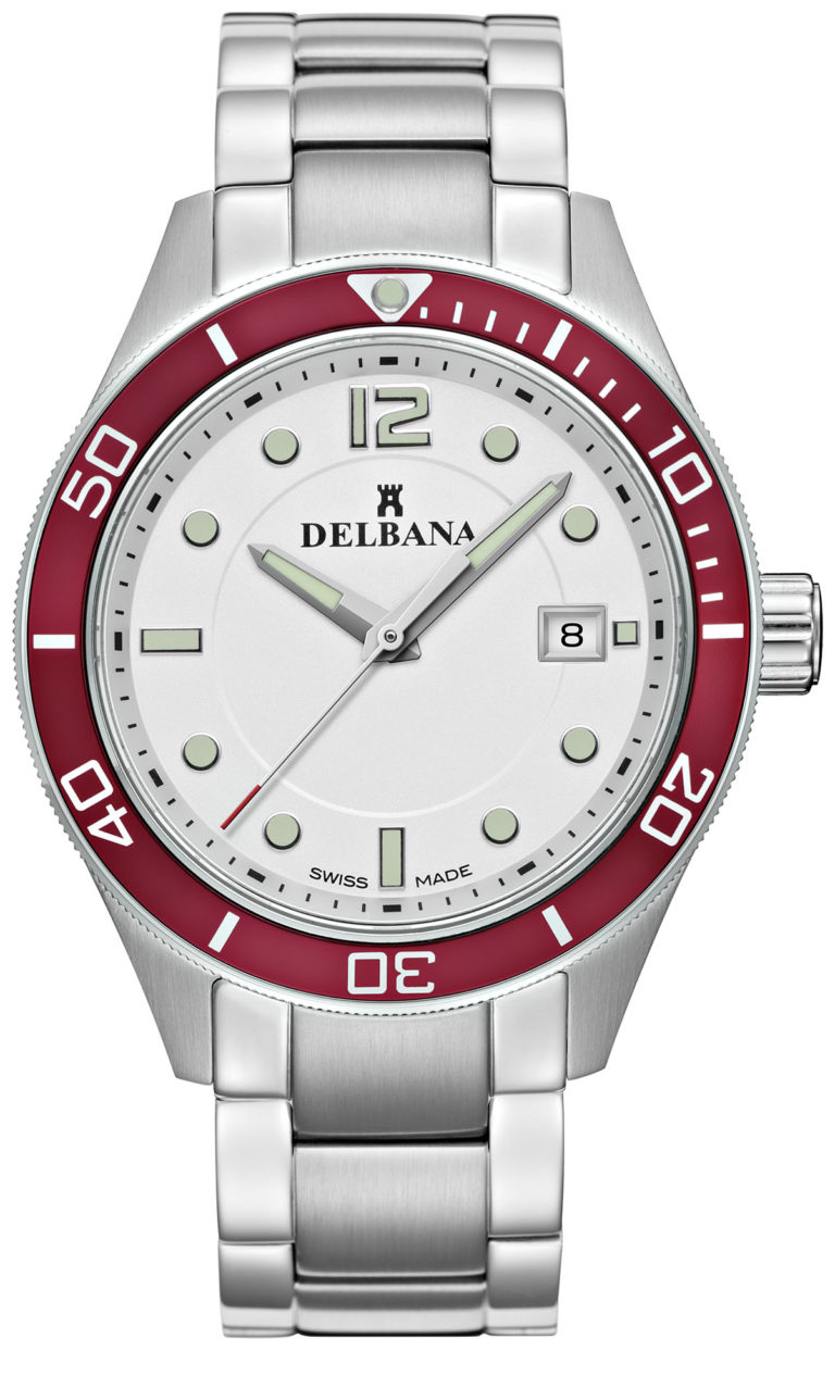 Delbana Mariner. Men's sports watch with date. Stainless steel case, unidirectional red aluminum diver bezel. Silver dial. Solid stainless steel bracelet. Water resistant to 10 ATM / 100 meters / 330 feet.