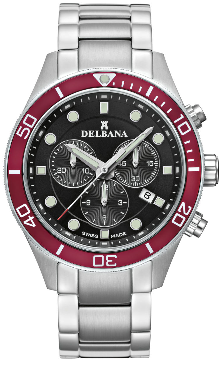 Delbana Mariner Chronograph. Men's Chronograph with date. Stainless steel case, unidirectional red aluminum diver bezel. Black dial. Solid stainless steel bracelet. Water resistant to 10 ATM / 100 meters / 330 feet.