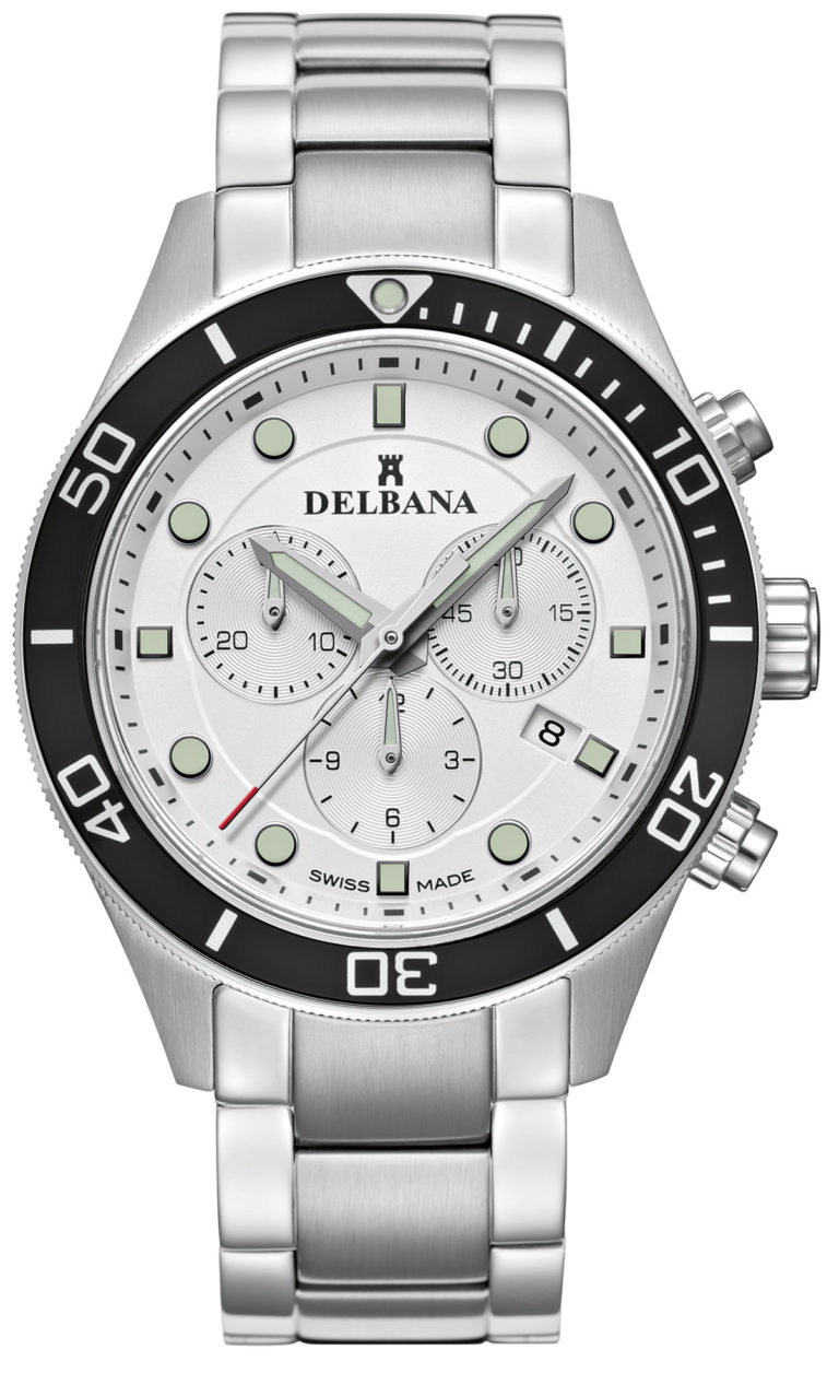 Delbana Mariner Chronograph. Men's Chronograph with date. Stainless steel case, unidirectional black aluminum diver bezel. Silver dial. Solid stainless steel bracelet. Water resistant to 10 ATM / 100 meters / 330 feet.
