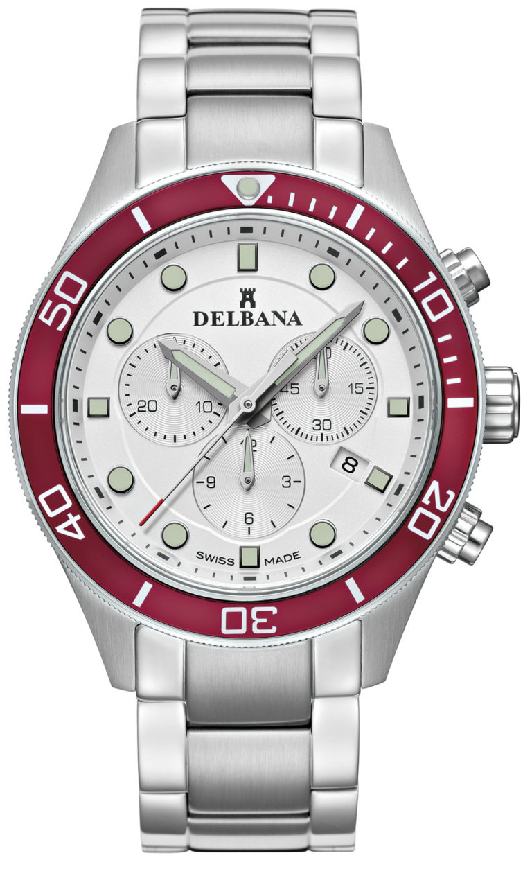 Delbana Mariner Chronograph. Men's Chronograph with date. Stainless steel case, unidirectional red aluminum diver bezel. Silver dial. Solid stainless steel bracelet. Water resistant to 10 ATM / 100 meters / 330 feet.