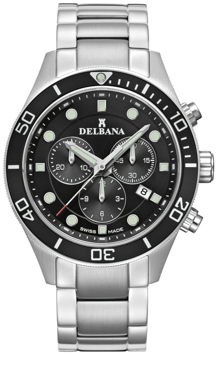Delbana Mariner Chronograph. Men's Chronograph with date. Stainless steel case, unidirectional black aluminum diver bezel. Black dial. Solid stainless steel bracelet. Water resistant to 10 ATM / 100 meters / 330 feet.