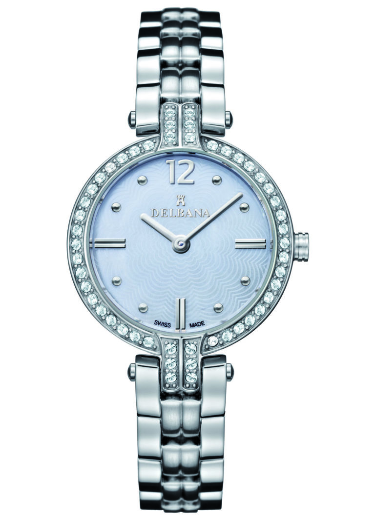 Delbana Montpellier. Ladies dress watch with stainless steel case set with 50 Swarovski crystals. White mother of pearl, floral guilloche pattern dial. Solid stainless steel bracelet. Water resistant to 3 ATM / 30 meters / 100 feet.