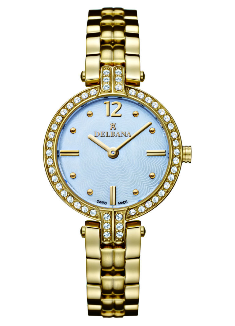 Delbana Montpellier. Ladies dress watch with stainless steel, yellow gold IPG case set with 50 Swarovski crystals. White mother of pearl, floral guilloche pattern dial. Solid stainless steel, yellow gold IPG bracelet. Water resistant to 3 ATM / 30 meters / 100 feet.