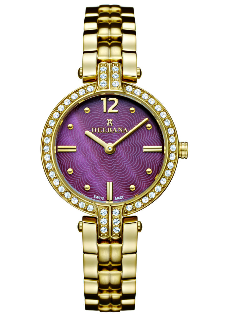Delbana Montpellier. Ladies dress watch with stainless steel, yellow gold IPG case set with 50 Swarovski crystals. Brown mother of pearl, floral guilloche pattern dial. Solid stainless steel, yellow gold IPG bracelet. Water resistant to 3 ATM / 30 meters / 100 feet.