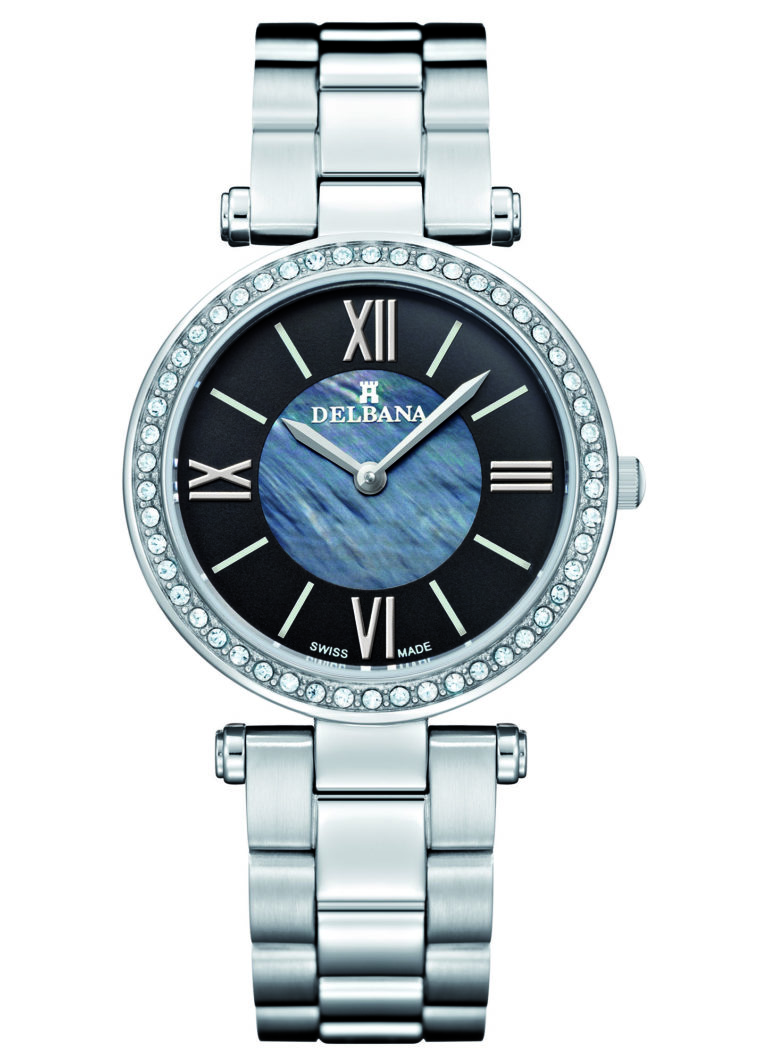 Delbana Nice. Ladies dress watch with stainless steel case set with 50 Swarovski crystals. Black mother of pearl and matte finish dial. Solid stainless steel bracelet. Water resistant to 5 ATM / 50 meters / 165 feet.