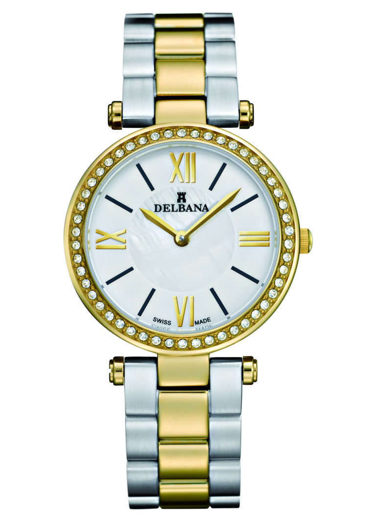 Delbana Nice. Ladies dress watch with two tone stainless steel, yellow gold IPB case set with 50 Swarovski crystals. White mother of pearl and matte finish dial. Two-tone stainless steel, yellow gold IPG bracelet. Water resistant to 5 ATM / 50 meters / 165 feet.