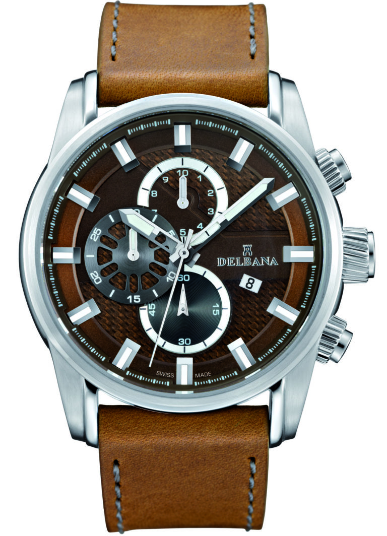 Delbana Orlando. Men's sports Chronograph with date. Stainless steel case. Brown dial. Matte hazelnut brown genuine leather strap with grey stitching. Water resistant to 10 ATM / 100 meters / 330 feet.