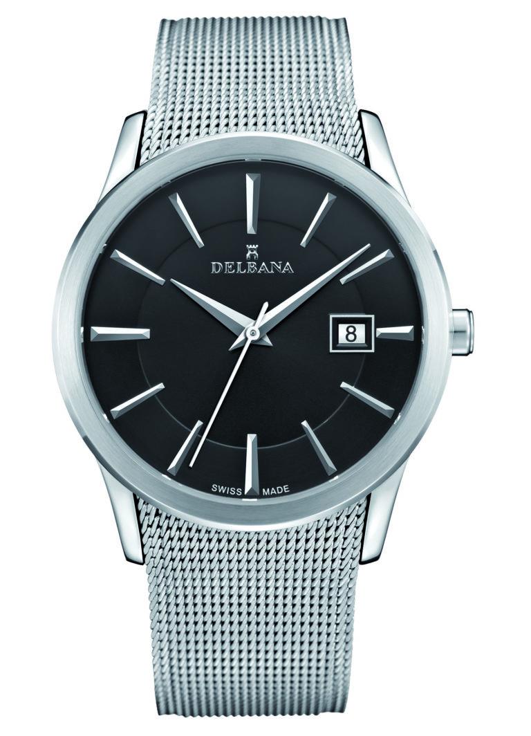 Delbana Oxford. Classic men's dress watch with date. Stainless steel case. Black sunray and circular brushed dial. Stainless steel Milanese bracelet. Water resistant to 3 ATM / 30 meters / 100 feet.