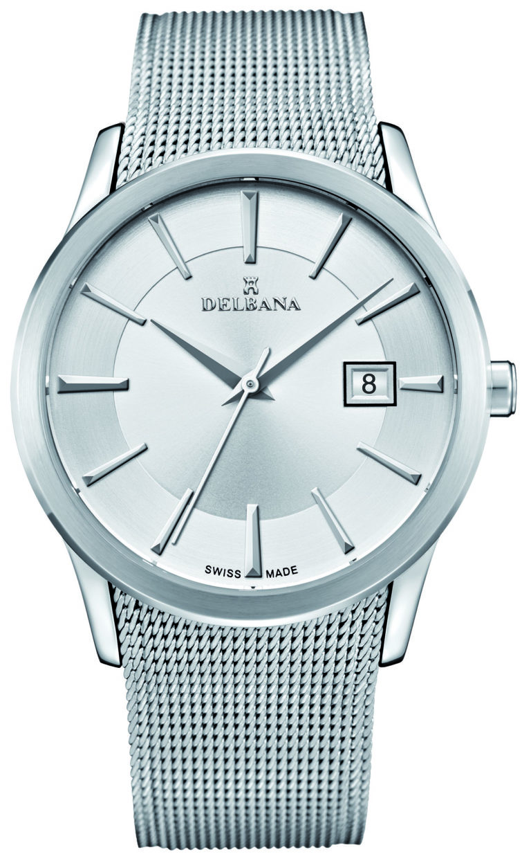 Delbana Oxford. Classic men's dress watch with date. Stainless steel case. Silver sunray and circular brushed dial. Stainless steel Milanese bracelet. Water resistant to 3 ATM / 30 meters / 100 feet.