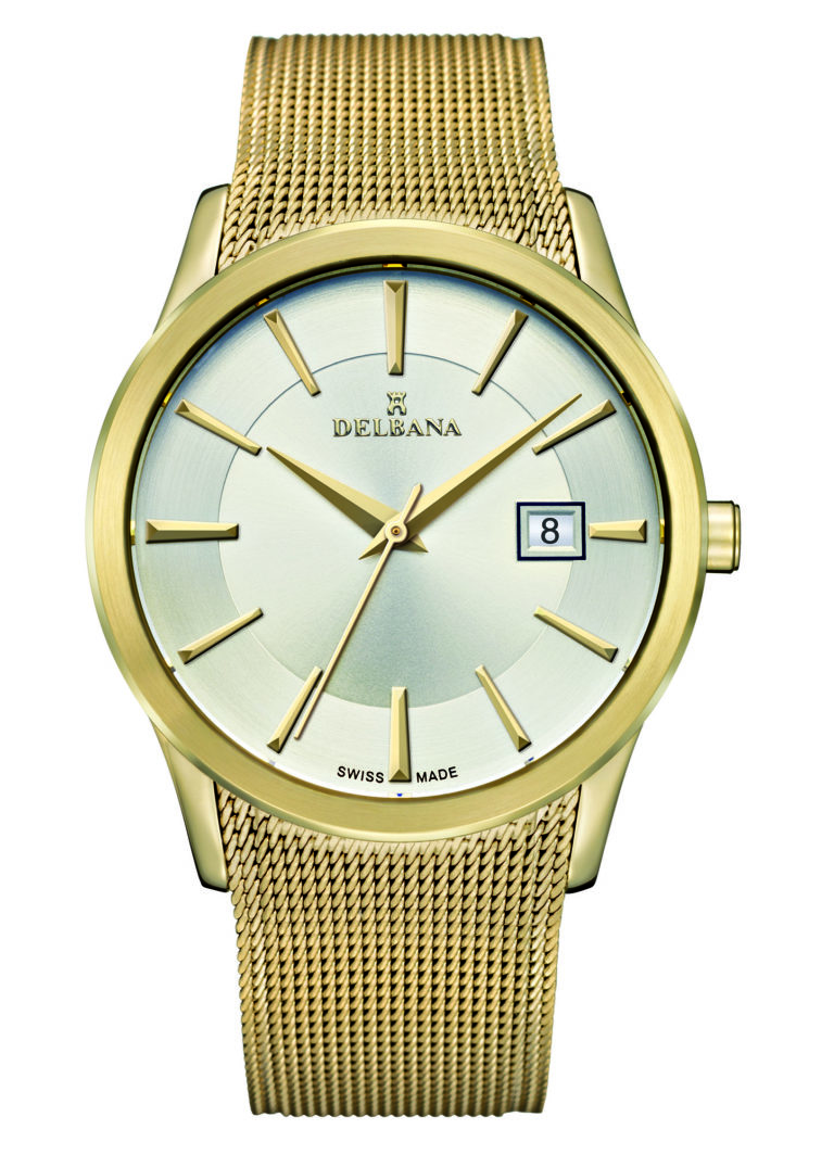 Delbana Oxford. Classic men's dress watch with date. Stainless steel, yellow gold IPG case. Silver sunray and circular brushed dial. Stainless steel yellow gold IPG Milanese bracelet. Water resistant to 3 ATM / 30 meters / 100 feet.