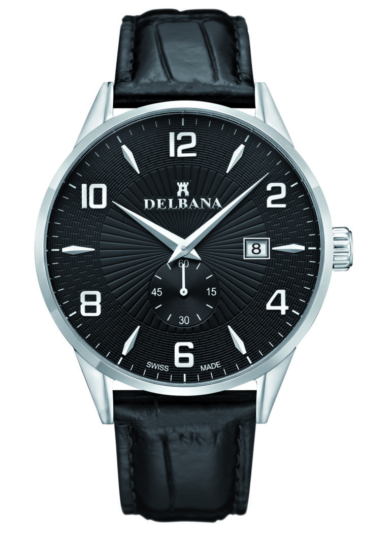 Delbana Retro. Classic men's dress watch with small seconds hand and date. Stainless steel case. Black guilloche pattern dial. Black genuine patent leather strap. Water resistant to 3 ATM / 30 meters / 100 feet.