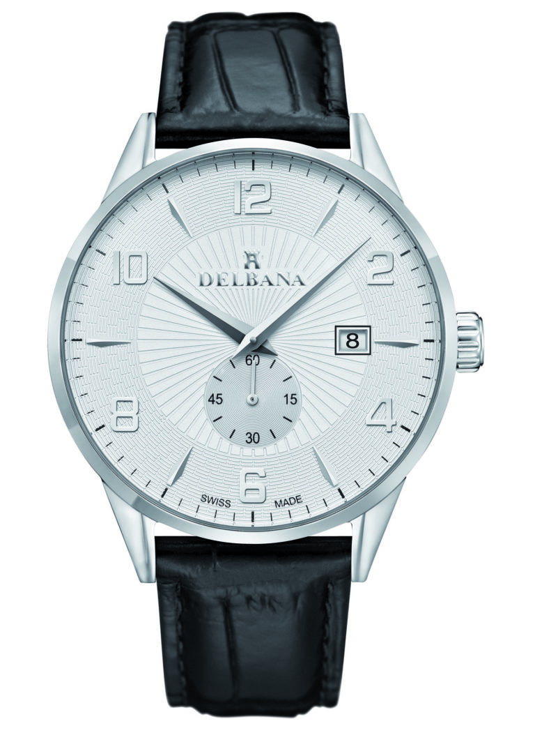 Delbana Retro. Classic men's dress watch with small seconds hand and date. Stainless steel case. Silver guilloche pattern dial. Black genuine patent leather strap. Water resistant to 3 ATM / 30 meters / 100 feet.
