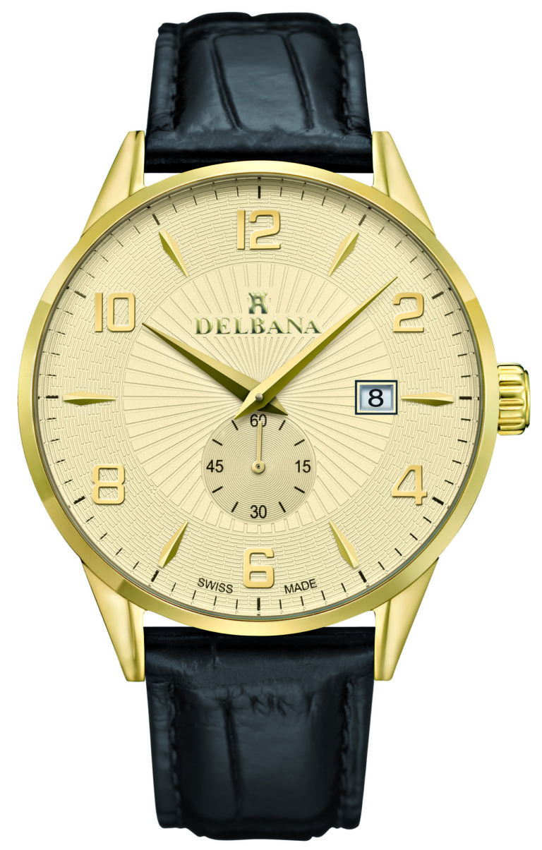 Delbana Retro. Classic men's dress watch with small seconds hand and date. Stainless steel, yellow gold IPG case. Champagne guilloche pattern dial. Black genuine patent leather strap. Water resistant to 3 ATM / 30 meters / 100 feet.
