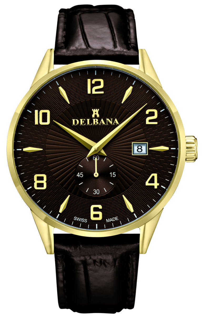 Delbana Retro. Classic men's dress watch with small seconds hand and date. Stainless steel, yellow gold IPG case. Brown guilloche pattern dial. Mahogany brown genuine patent leather strap. Water resistant to 3 ATM / 30 meters / 100 feet.