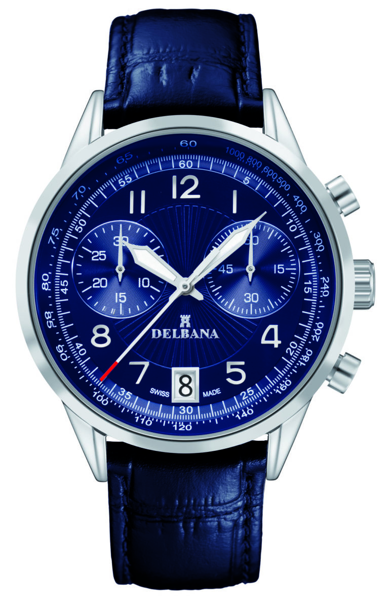 Delbana Retro Chronograph. Classic men's Chronograph with Tachymeter and date. Stainless steel case. Blue guilloche pattern counters and dial. Royal blue genuine patent leather strap. Water resistant to 3 ATM / 30 meters / 100 feet.