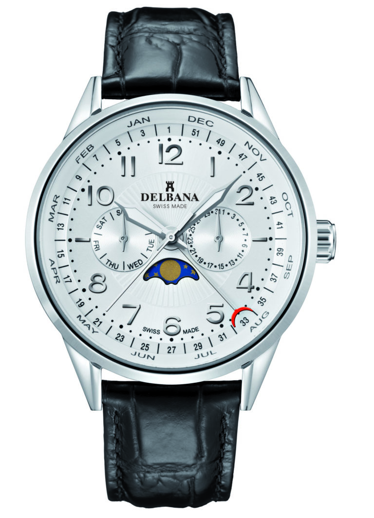 Delbana Retro Moonphase. Classic men's moonphase with week indicator, day and date. Stainless steel case. Silver guilloche pattern dial. Black genuine patent leather strap. Water resistant to 3 ATM / 30 meters / 100 feet.