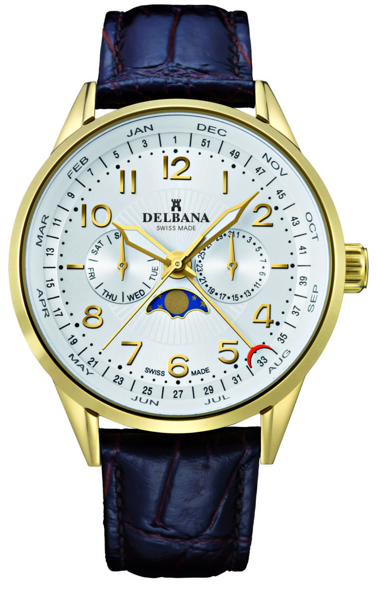 Delbana Retro Moonphase. Classic men's moonphase with week indicator, day and date. Stainless steel, yellow gold IPG case. Silver guilloche pattern dial. Mahogany brown genuine patent leather strap. Water resistant to 3 ATM / 30 meters / 100 feet.