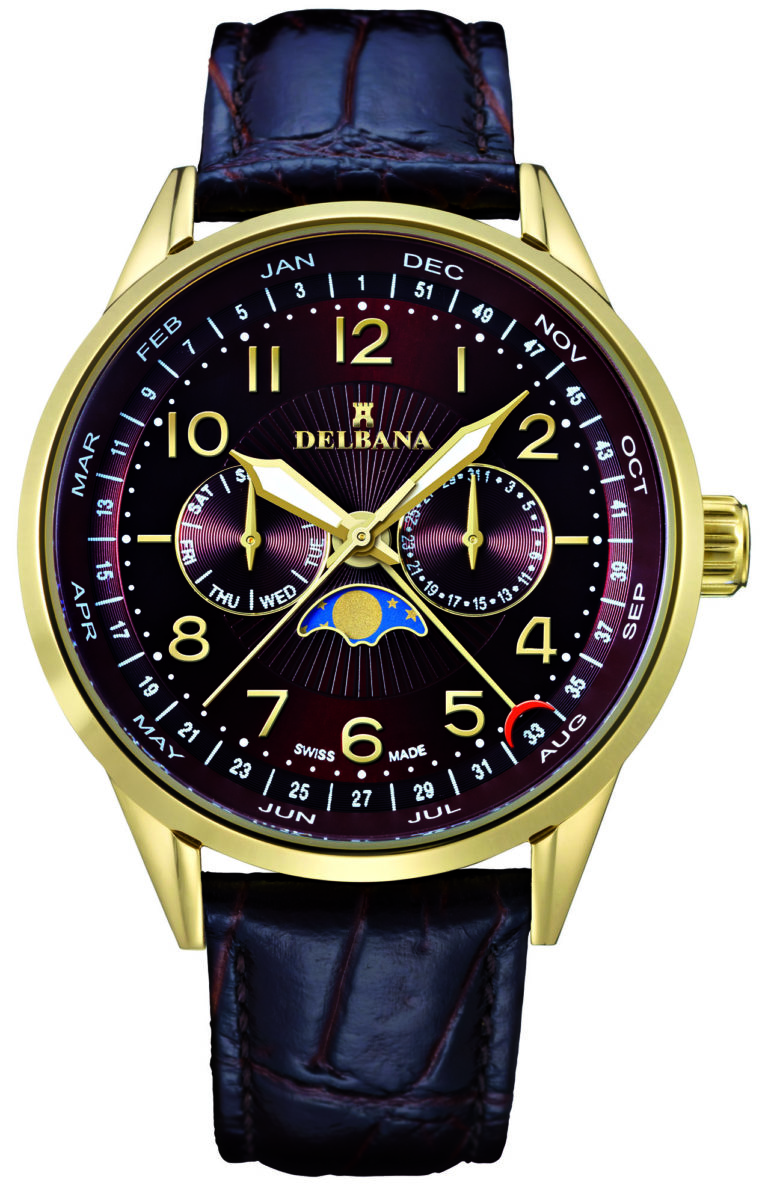 Delbana Retro Moonphase. Classic men's moonphase with week indicator, day and date. Stainless steel, yellow gold IPG case. Brown guilloche pattern dial. Mahogany brown genuine patent leather strap. Water resistant to 3 ATM / 30 meters / 100 feet.