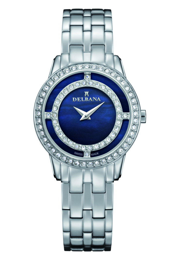 Delbana Scala. Ladies dress watch with stainless steel case set with 79 Swarovski crystals. Black mother of pearl dial. Solid stainless steel bracelet. Water resistant to 3 ATM / 30 meters / 100 feet.