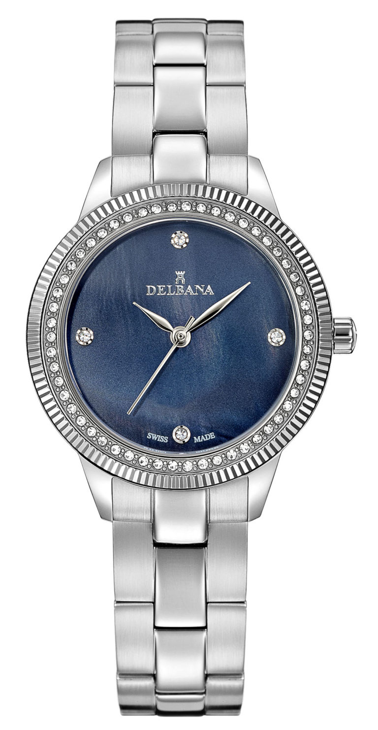 Delbana Sevilla. Ladies dress watch with stainless steel case set with 60 Swarovski crystals. Crystal set black mother of pearl dial. Solid stainless steel bracelet. Water resistant to 5 ATM / 50 meters / 165 feet.