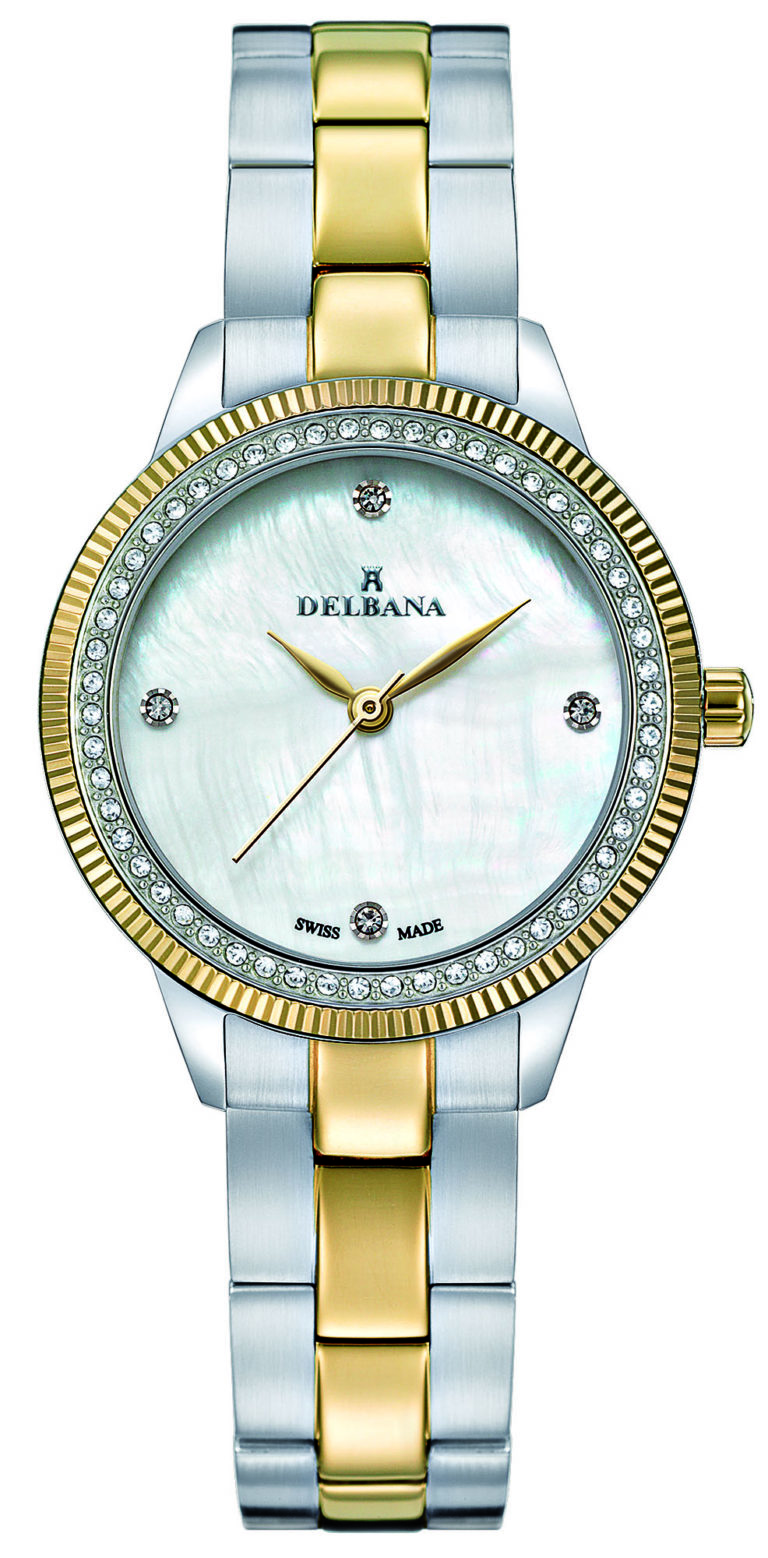 Delbana Sevilla. Ladies dress watch with two tone stainless steel, yellow gold IPG case set with 60 Swarovski crystals. Crystal set white mother of pearl dial. Two-tone solid stainless steel, yellow gold PVD bracelet. Water resistant to 5 ATM / 50 meters / 165 feet.