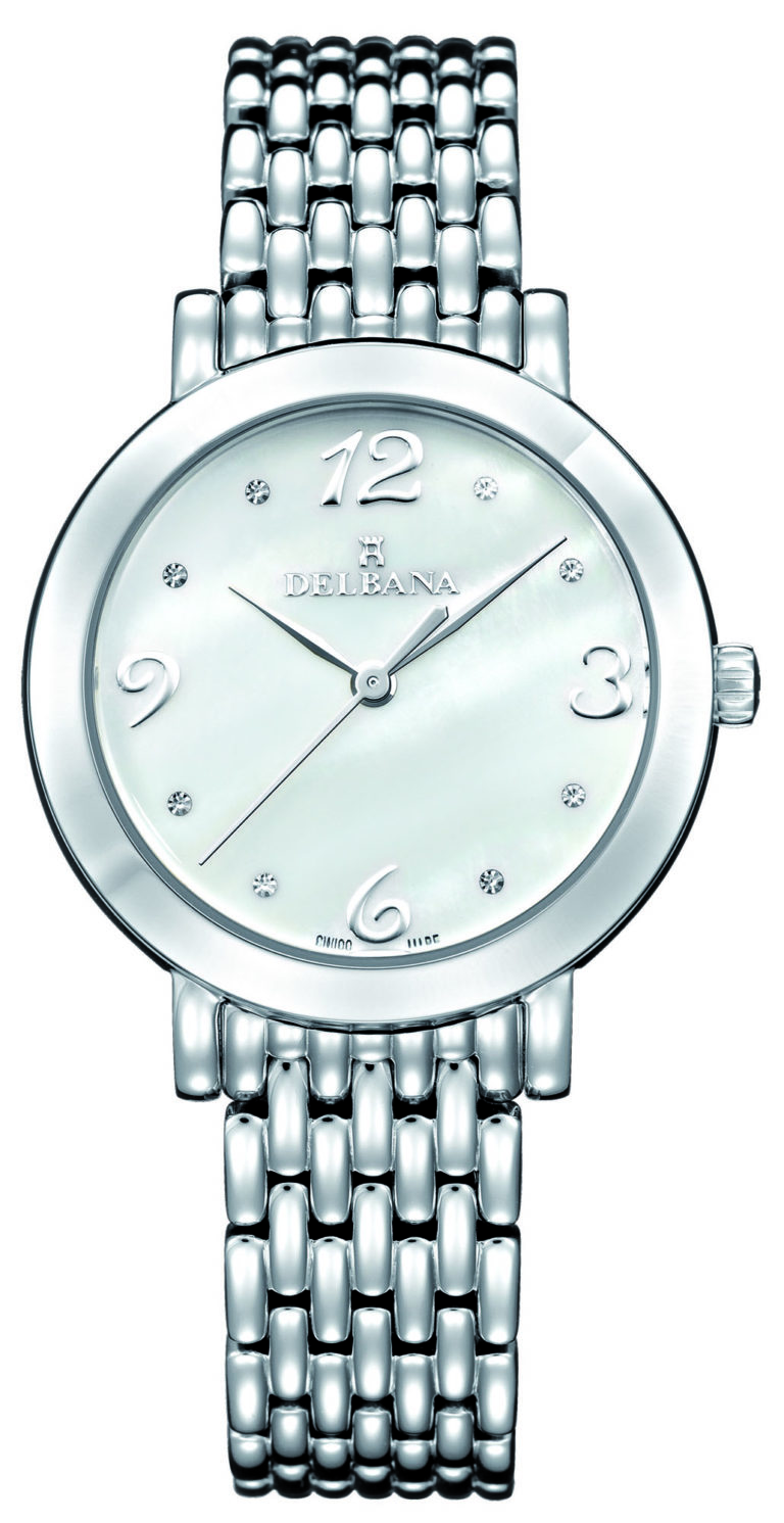 Delbana Villanova. Classic ladies' watch with stainless steel case. Crystal set white mother of pearl dial. Solid stainless steel bracelet. Water resistant to 3 ATM / 30 meters / 100 feet.