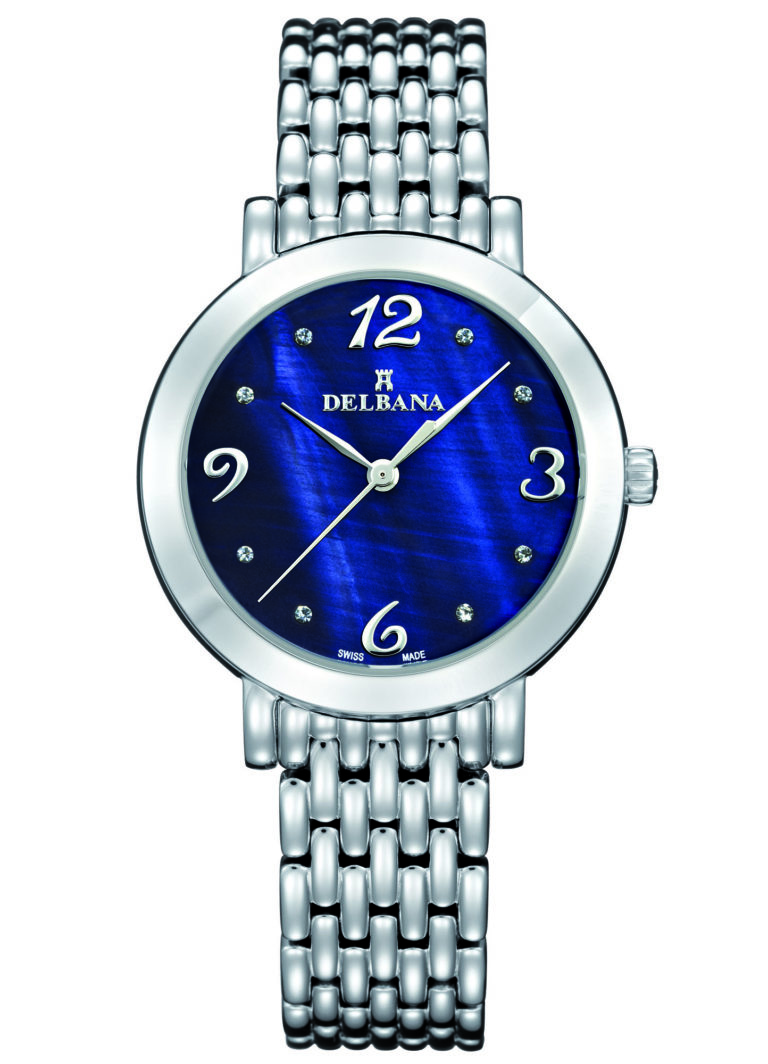Delbana Villanova. Classic ladies' watch with stainless steel case. Crystal set blue mother of pearl dial. Solid stainless steel bracelet. Water resistant to 3 ATM / 30 meters / 100 feet.