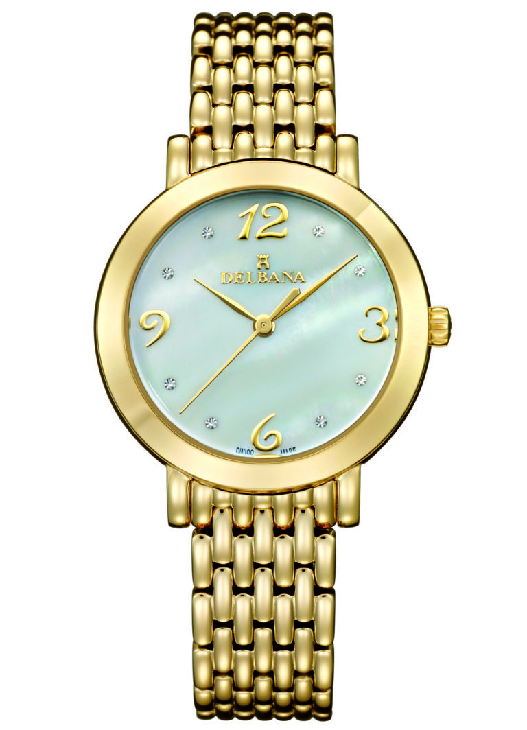 Delbana Villanova. Classic ladies' watch with stainless steel, yellow gold IPG case. Crystal set white mother of pearl dial. Solid stainless steel, yellow gold IPG bracelet. Water resistant to 3 ATM / 30 meters / 100 feet.