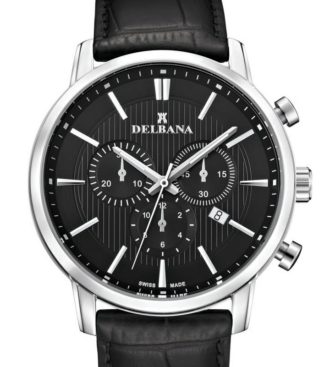 Delbana Ascot. Classic men's Chronograph with date. Stainless steel case. Black Geneva striped dial. Black genuine leather strap. Water resistant to 5 ATM / 50 meters / 165 feet.