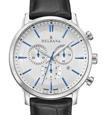 Delbana Ascot. Classic men's Chronograph with date. Stainless steel case. Silver Geneva striped dial. Black genuine leather strap. Water resistant to 5 ATM / 50 meters / 165 feet.