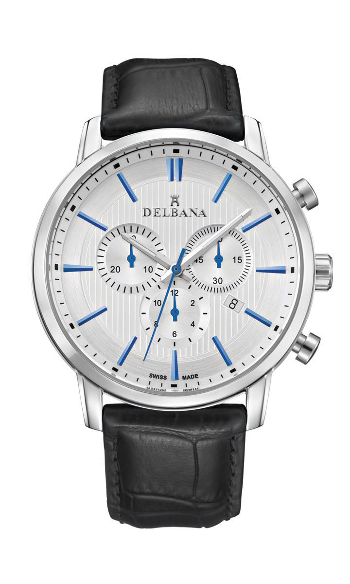 Delbana Ascot. Classic men's Chronograph with date. Stainless steel case. Silver Geneva striped dial. Black genuine leather strap. Water resistant to 5 ATM / 50 meters / 165 feet.