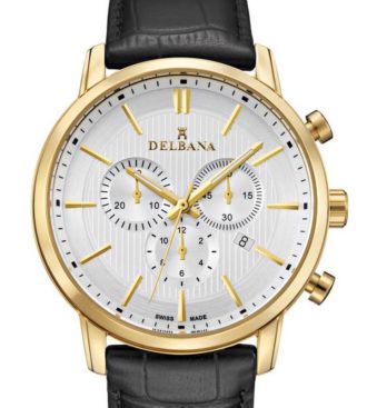 Delbana Ascot. Classic men's Chronograph with date. Stainless steel, yellow gold IPG case. Silver Geneva striped dial. Black genuine leather strap. Water resistant to 5 ATM / 50 meters / 165 feet.